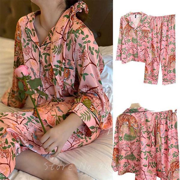 

women's sleep lounge pink satin sleepwear for women pajamas jungle tiger print 2pcs long shirt pants pyjamas casual nightwear spring ne