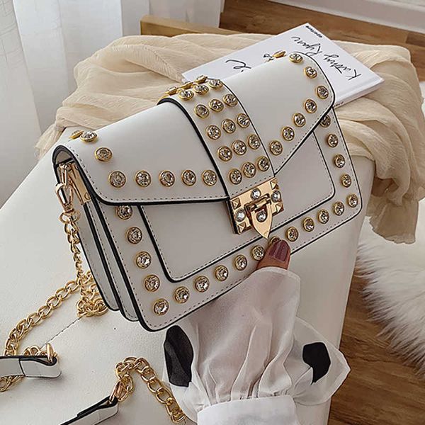 

luxury designer clutch purses and handbags for women rivets diamond leather flap small square bags chain shoulder messenger bag