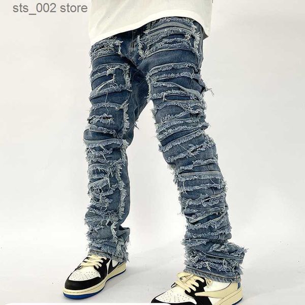 

men's jeans y2k american high street heavy industry jeans washed cat whiskers harlan patch men's old-fashioned slim loose straight, Blue