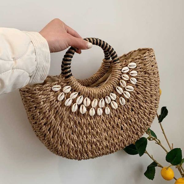 

shell decor straw handbag handle grass woven bag women's new trend large capacity woven bag fashionable handbag sanya tourism beach bag