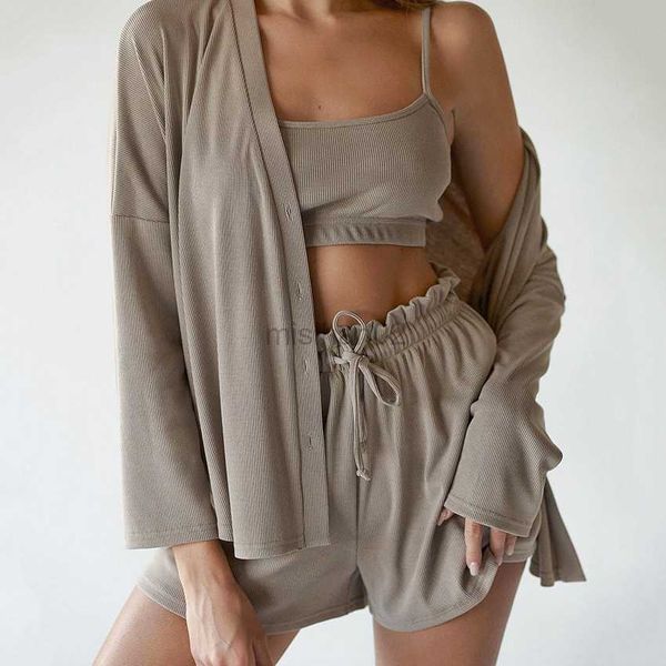 

women's sleep lounge pajamas women 3 piece set knitted sleeve spaghetti strap crop female casual shorts autumn solid sleepwear pijama