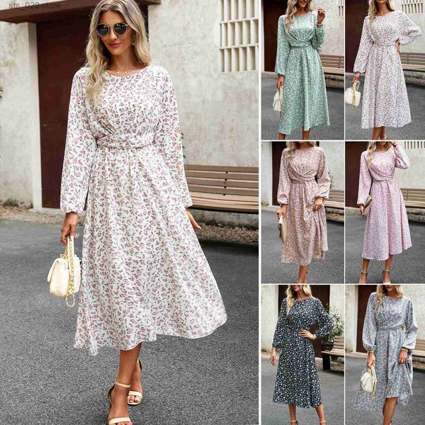 

basic casual dresses design fragmented flower dress 2023 autumn style long sleeve round neck long dress t230727, Black;gray