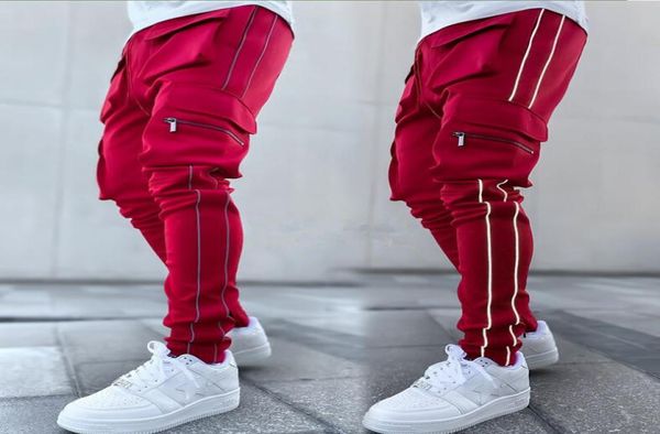 

2021 spring and autumn tooling pants men039s tide brand stretch multipocket reflective straight sports fitness leisure trouser1472937, Black