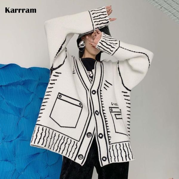 

women's knits tees karrram print graffiti unique cardigan women loose vneck long sleeve luxury knitted female cardigans coat y2k winter, White