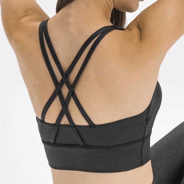 

lulu sports bra cross strappy yoga vest woman underwear medium support brushed soft faux leather gym bra push up bra with removable padding