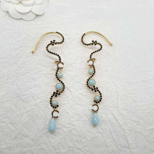 

2023 luxury quality charm drop earring with black diamond and blue stone beads in 18k gold plated have box stamp half round shape ps7369b, Golden