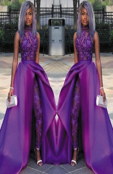 

purple evening dresses blingbling lace beading illusion long prom gowns satin overskirts black african long jumpsuits9665372, Black;red