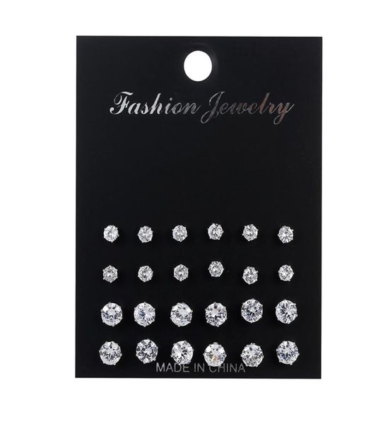 

12 pair size color zircon stud earrings set shine crystal ear studs for men women punk party jewelry fashion mini earring2795767, Golden;silver
