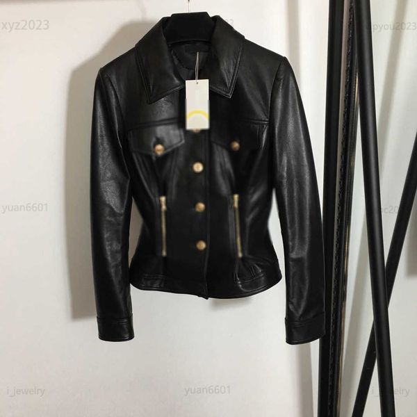 

designer women sheepskin coat leather jacket size s-xxl portrait embossed single row gold buckle leather overcoat multiple product, Black