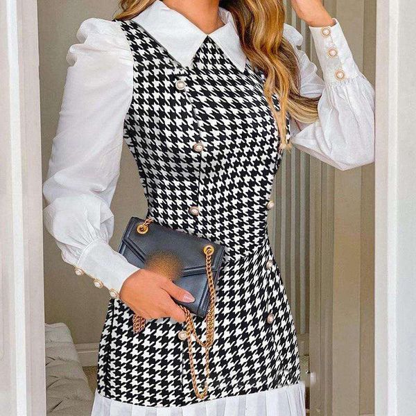 

spring womens dress elegant shirt collar houndstooth plated, Black;gray