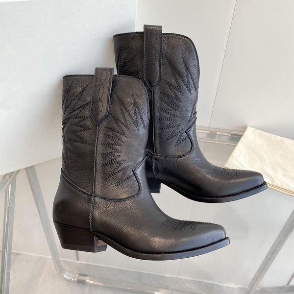

2023 new cowhide mid shaft embroidered western cowboy boots for women pointed toe women shoes embossing suede shoes heel women shortage of m, Black