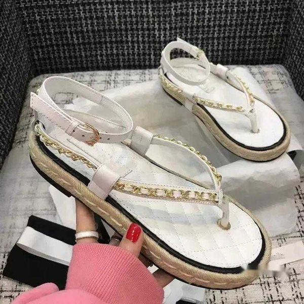 

designer -ladies flat slippers metal chain sandals summer beach flip-flops for women 2023, Black