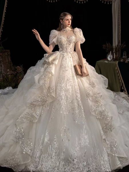 

luxury sweetheart crystal beads wedding dresses big bow back bridal gowns robe de mariage custom made lace appliques plus size bridal party, White