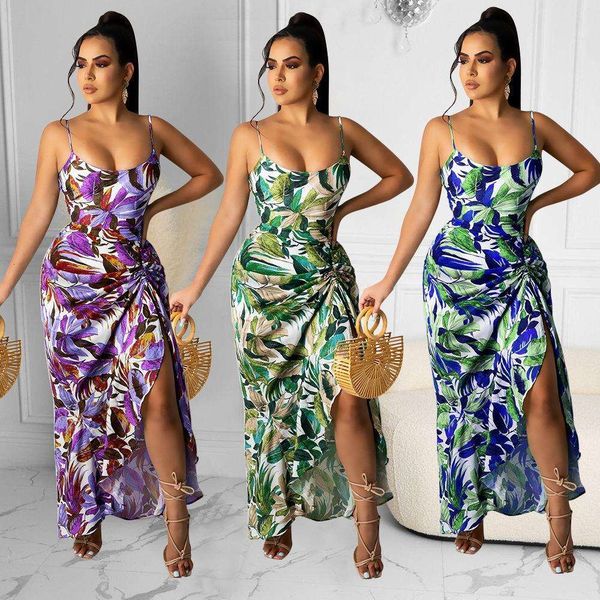 

summer item suspender dress irregular print long for women, Black;gray