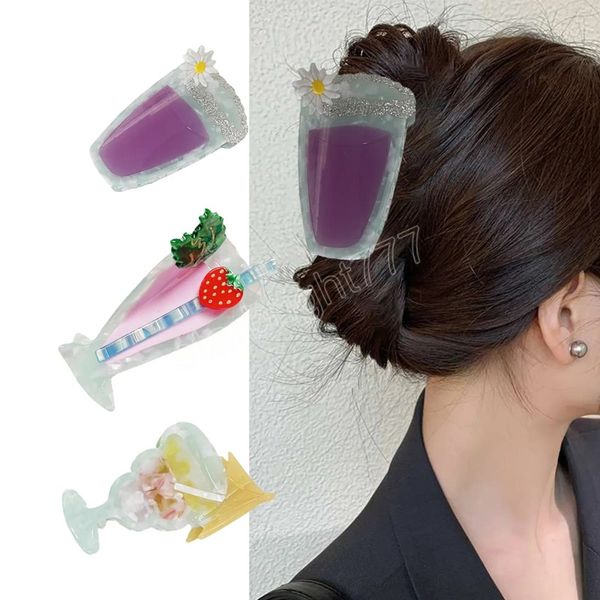 

korean fashion hair claw clmaps cute wine glass flower acetic acid hair clip cocktail glass clip for woman girls, Slivery;white