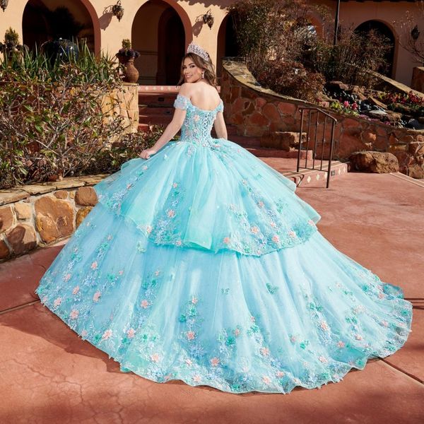 

off the shoulder quinceanera dresses layers appliques lace ball gown sweet 15 16 prom dress birthday party wear pageant gala, Blue;red