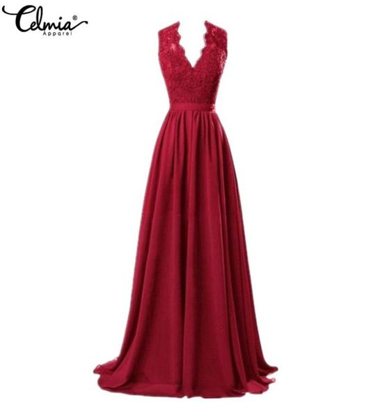 

celmia women deep v neck sleeveless lace summer maxi long dress casual elegant party formal dress plus size vestidos j1906147602988, Black;pink