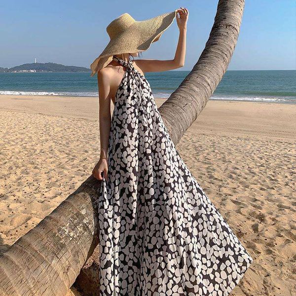 

hanging neck style backless holiday dress for women loose fat mm shoulderless sleeveless large swing beach travel, Black;gray