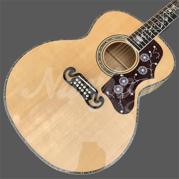 

solid spruce electric guitar, natural abalone fretboard, beige flame, giant body, 12-string, j200
