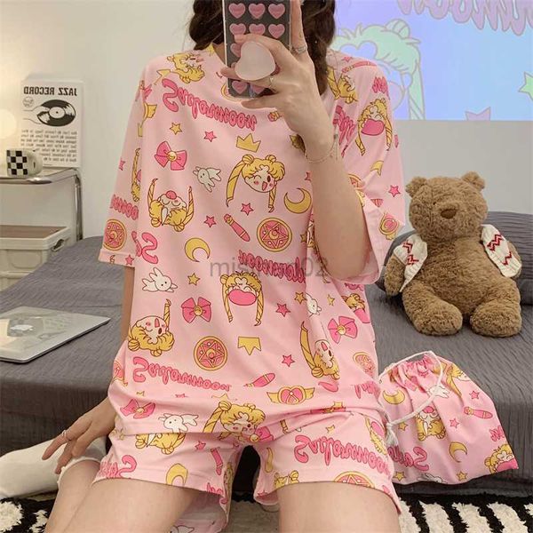 

women's sleep lounge kawaii pyjama womens pajamas set summer 2 pieces homewear anime pijama harajuku nightgown with storage bag gift ro