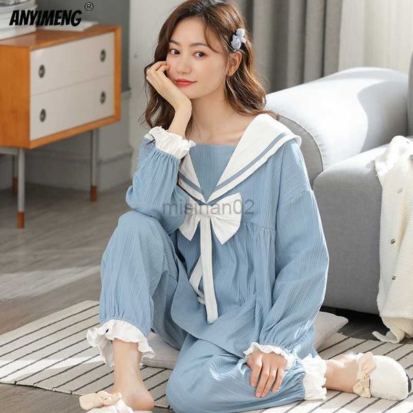 

women's sleep lounge women's pajamas princess style cotton spring fall navy collar pyjamas asian size bow sky blue kawaii pajamas