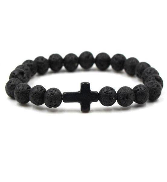 

8mm lava rock beaded bracelets fashion natural stone charm jewelry punk 8 colors turquoise cross bangles stone cuffs bracelet2096616, Black