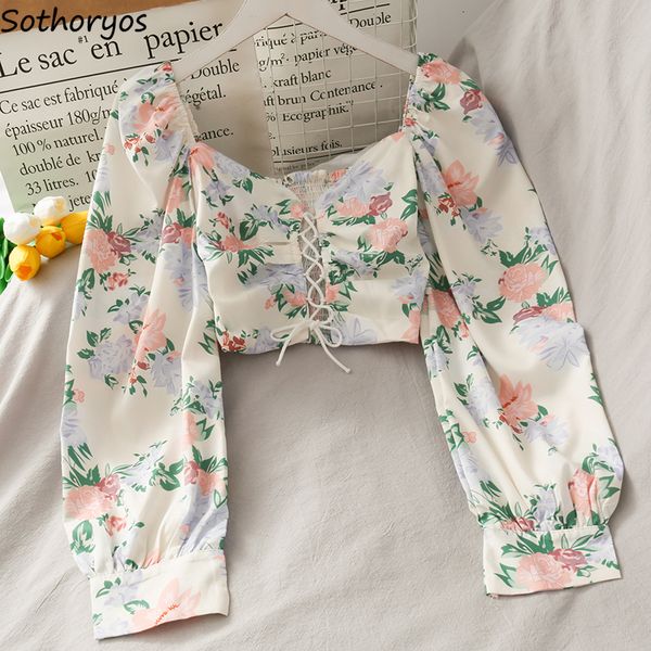 

womens blouses shirts women design crop long sleeve square collar floral spring allmatch leisure chic korean style elegant female ins 23072, White