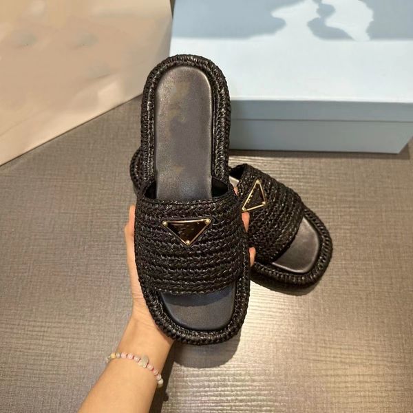 

women ladies platform slippers raffia straw sandal made in italy triangle buckle mules thick bottom chunky heels slides beige black white sl