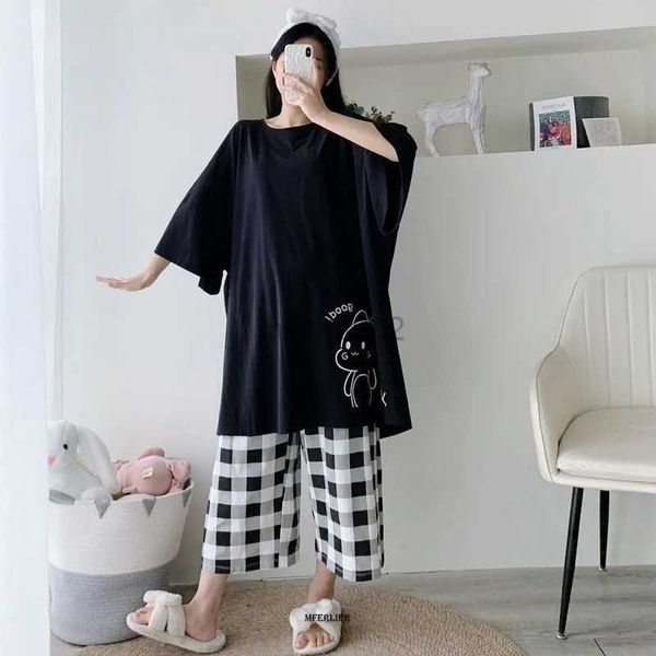 

women's sleep lounge large size 6xl 150kg summer women pajamas set o neck short sleeve and calf-length pants black sweet sleepwear paj