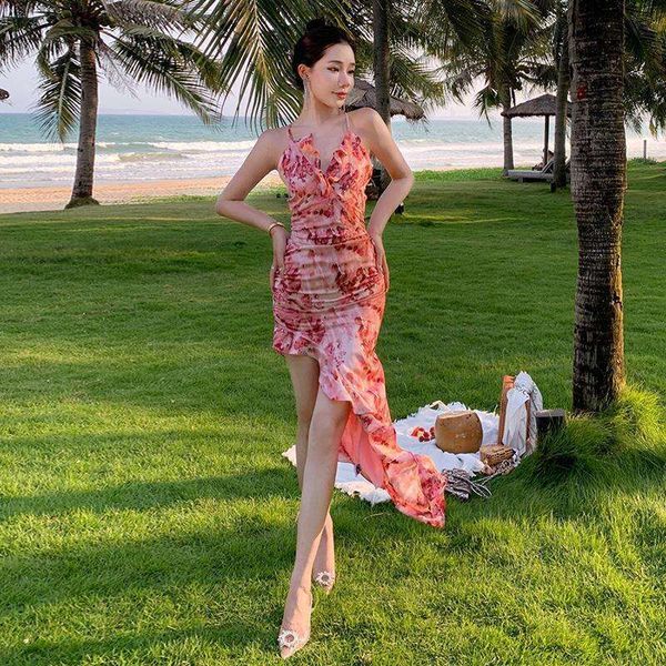 

ruffled v neck halter dress for summer seaside vacation irregular slim, Black;gray