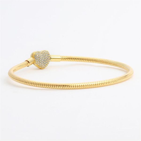 

new 18k yellow gold plated cz diamond heart bracelets original box set for pandora 925 silver snake chain bracelet for women weddi3579, Golden;silver