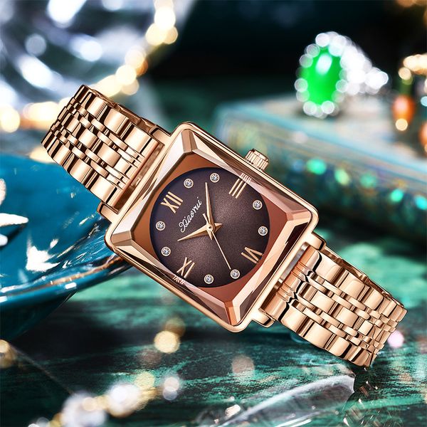 

women watch watches luxury fashion steel band square quartz waterproof watch, Slivery;brown