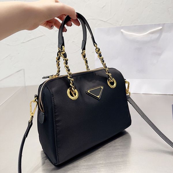 

woman designer medium re-nylon zipper bag enameled triangle metal removable strap gold matelasse chain crossbody shoulder handbag luxury pur