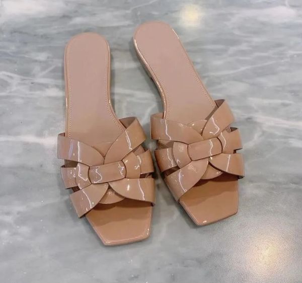 

luxury design tribute flat sole slippers sandals woven leather women sandal slide slipper slip square toe shoes lady outdoor party dress cas, Black