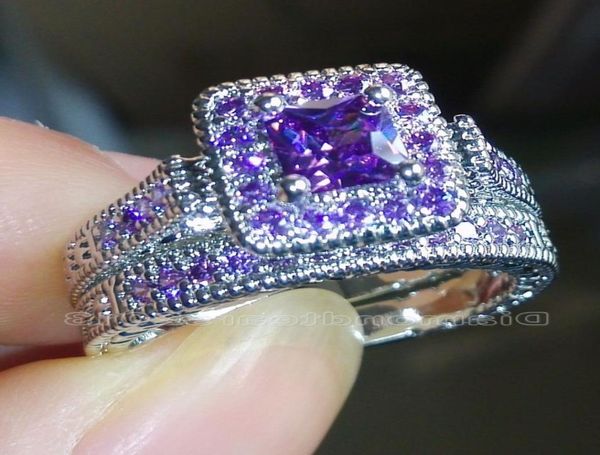 

size 510 vintage jewelry princess cut amethyst simulated diamond cz wedding gemstones engagement bridal rings set for women love 4731784, Slivery;golden