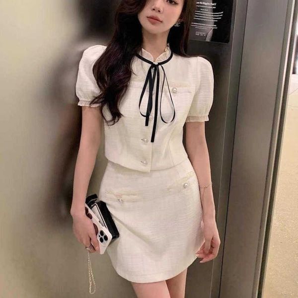 

23ss new womens set spring summer high-quality tweed skirt set designer suit puff sleeve shirt skirt women two-piece, White