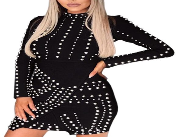 

pearl dress womens fashion blue black dress club long sleeve bodycon evening party mini dress ship2991414, White;black