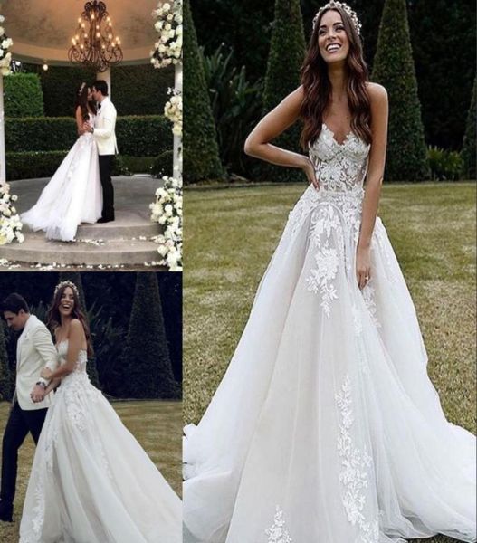 

modern boho princess lace wedding gown sweetheart neckline tulle appliques beads sweep train a line country beach wedding dress1014500, White