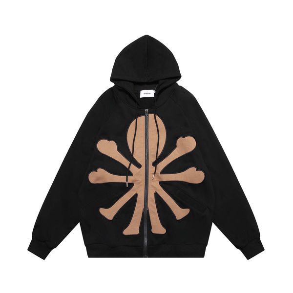

hip hop hoodie coat y2k men harajuku embroidery patch zipper hooded sweatshirt jacket streetwear 2023 fashion punk loose hoodies, Black