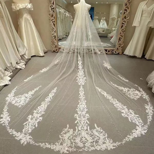 

luxury wedding veil lace appliques cathedral veil one layer pearls beaded bridal veils vestido de noiva longo accessorie, Black