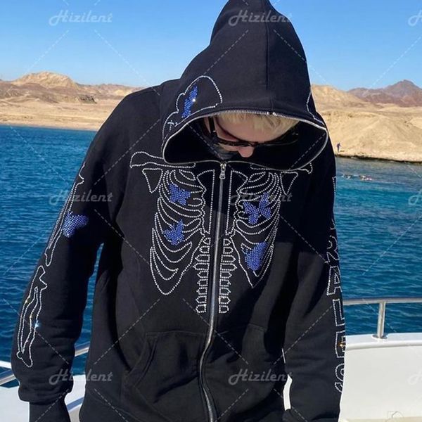 

grunge long sleeve super dalian hoodie jacket y2k menclothing zip hoodie rhinestone skull gothic casual sweatshirt mensweatcoat pullover, Black
