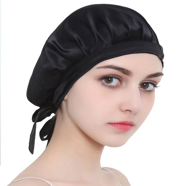 

special offer silk sleeping hat women's home long hair headband cover for head and moon cap 100 mulberry silk adjustable, Black;white