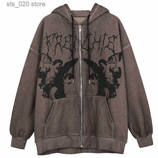 

women's hoodies sweatshirts hip hop streetwear women hoodies goth angel dark print zipper jacket coat harajuku y2k hooded clothes men w, Black