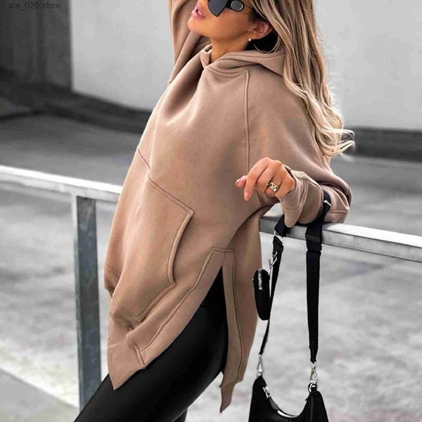 

women's hoodies sweatshirts solid color long loose-fit hooded sweatshirt with slit hem women casual fashion hoodies long sleeve short, Black
