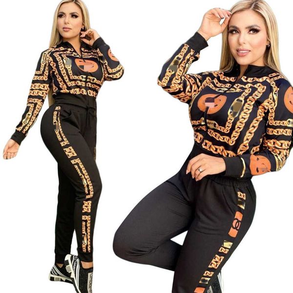 

women print jacket and bottoms two piece pants outfits fashion zipper sweatshirt and pant sets, White