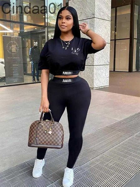 

2023 fashion womens sportwear new letter front and back printed short sleeve t-shirt long pants two piece set, Gray