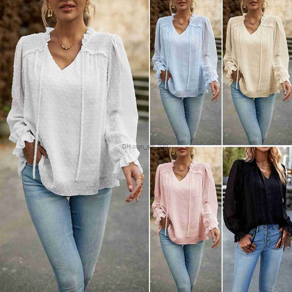 

women's blouses shirts jacquard shirt women's 2023 autumn/winter elegant v-neck long sleeve t230727, White
