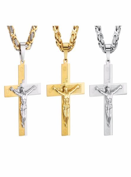 

crucifix jesus pendant necklace gold color stainless steel christs bible men jewelry byzantine chain gift for father8592401, Silver