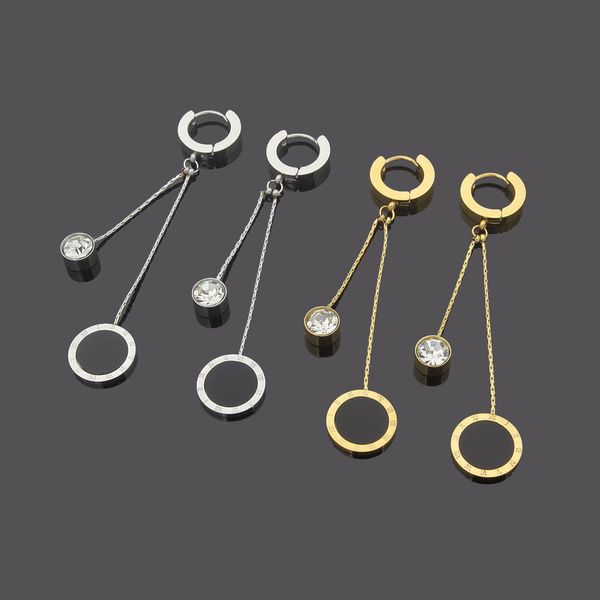 

titanium steel jewelry round diamond black shell tassel earrings women versatile roman numerals, Golden;silver