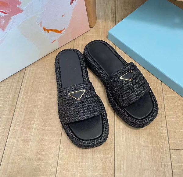 

fashion woven thick bottom original open sheepskin foot star with the same female slippers, Black